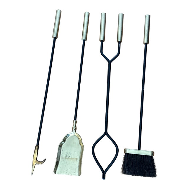 Mid-Century Modern Brass & Iron Fireplace Tool Set — Attributed to George Nelson, Set of Four For Sale