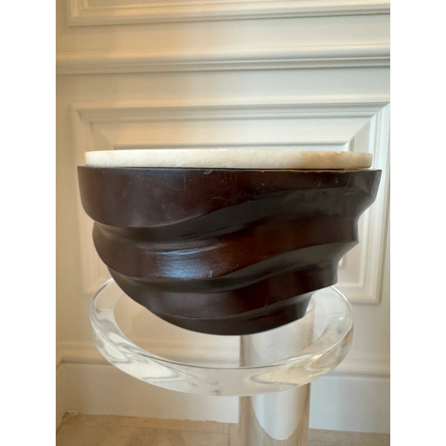 Vintage 1970’s Handcarved Wood Bowl With Cork Lined Marble Top For Sale - Image 14 of 15