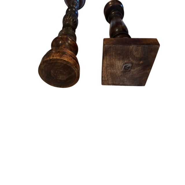 Pair of Oversized Hand-Turned Rustic Wood Candlesticks, 25” & 19” For Sale - Image 4 of 8
