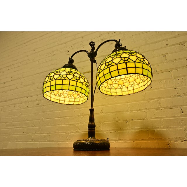 Tiffany Studios Tiffany Studios Arts & Crafts Bronze Double Arm Student Lamp With Stained Leaded Glass Acorn Shades For Sale - Image 4 of 12