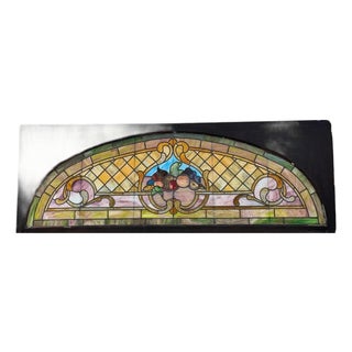 Antique Art Nouveau Colored Stained Glass Fruit 27 X 75 Arched Transom Window, A For Sale