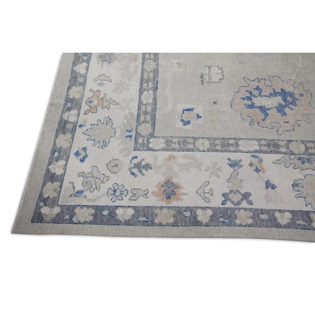Modern Early 21st Century Green & Gray Floral Design Handwoven Wool Turkish Oushak Rug 9'11" X 14' For Sale - Image 3 of 8
