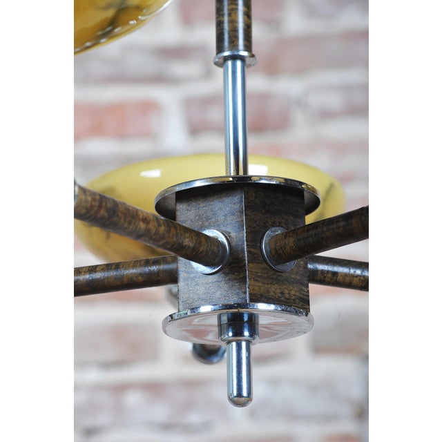 Art Deco Chandelier in Chrome, Beech, Walnut and Glass, Czech, 1920s For Sale - Image 4 of 13