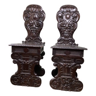 Pair of 19th-Century Italian Renaissance Revival Carved Walnut Sgabelli Chairs For Sale