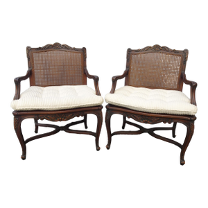 Pair French Provincial Louis XVI Cane Armchairs Chairs White Cushion & Stretcher