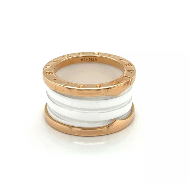 Contemporary Bvlgari B.zero1 Four Band 18k Rose Gold & White Ceramic Ring - Size 5 For Sale - Image 3 of 7