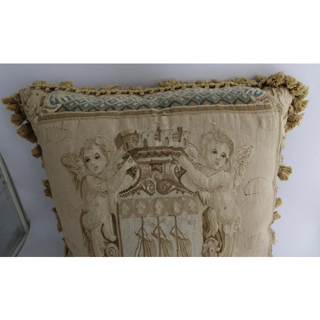 French Antique French Aubusson Tapestry Needlepoint Pillow W/Cherubs Putto, 24x24" For Sale - Image 3 of 11