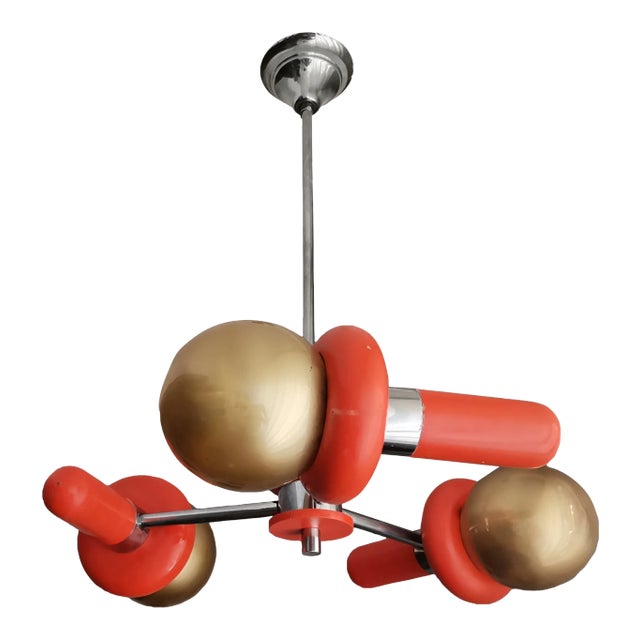 Mid-Century Space Age Orange Wood and Glass Sputnik Chandelier, 1960s For Sale