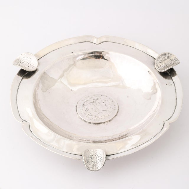 Metal Art Deco Heavy Hand-Hammered .900 Sterling Silver Ashtray With Sculptural Coins For Sale - Image 7 of 12