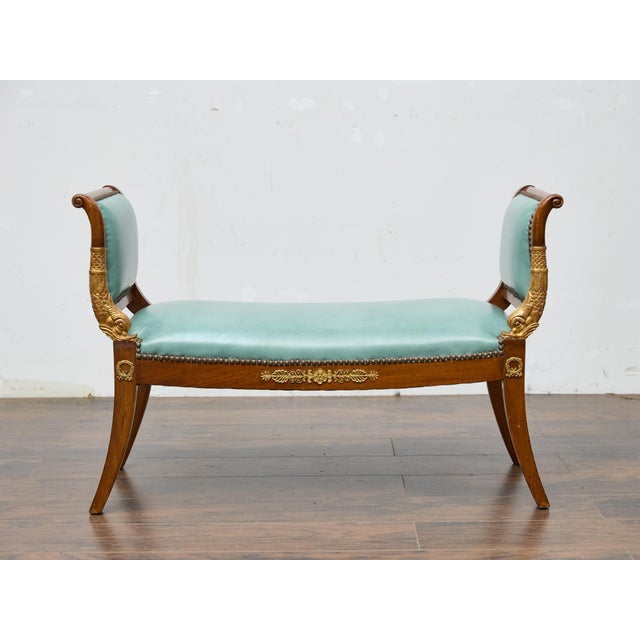 Early 19th Century English Regency Mahogany Leather Bench with Gilt Dolphin Armrests For Sale - Image 5 of 12