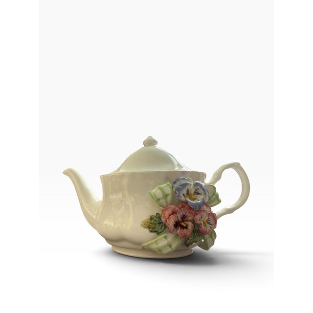 French Country Vintage Kaldun & Bogle Hand-Painted Floral Teapot With 3d Pansies For Sale - Image 3 of 6