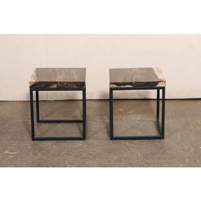 Early 21st Century Black & Tan Petrified Wood Top Side Tables - A Pair For Sale - Image 5 of 11