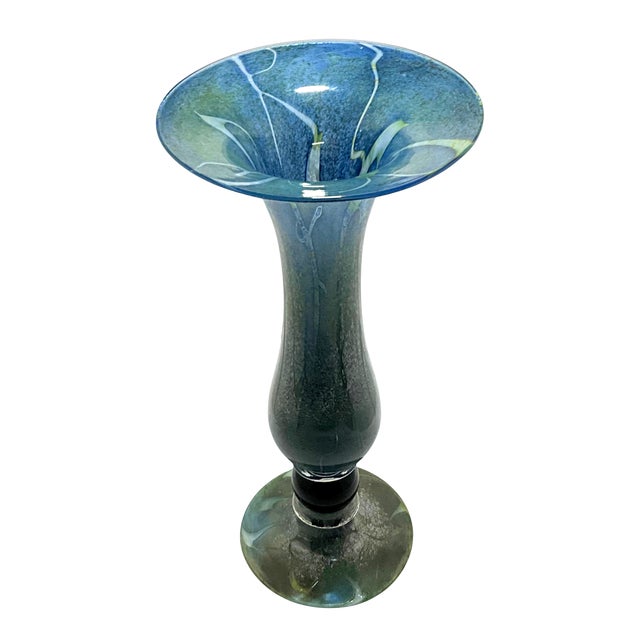 A gorgeous hand-blown marbled effect art glass vase. Signed and dated 1999. The artist used a mixture of green, blue, and...
