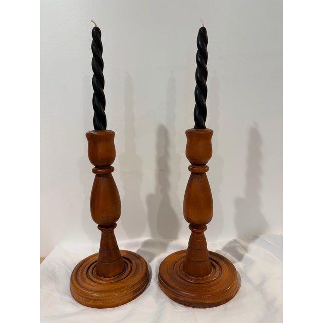 Folk Art Pair of Hand Turned Vintage Wooden Candle Stick Holders With Velvet Bottoms For Sale - Image 3 of 7