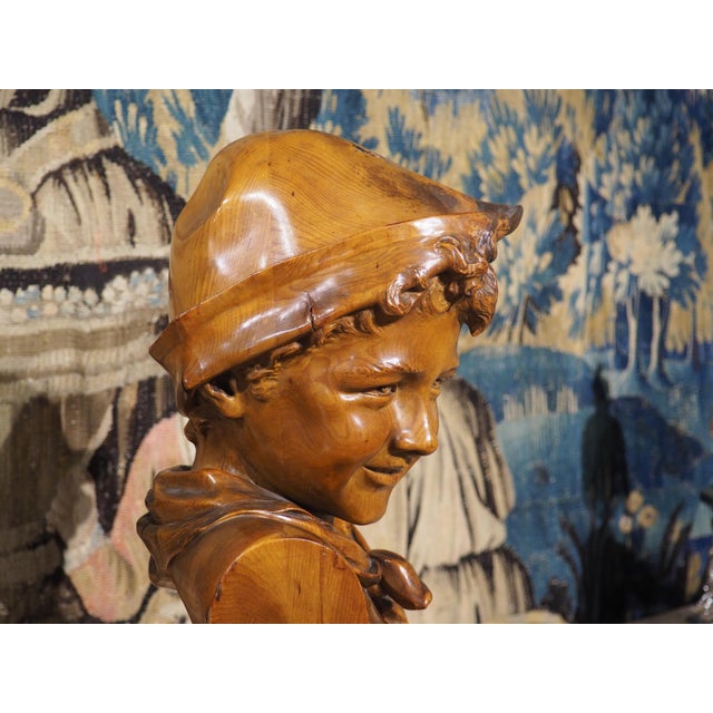 Pair of Antique French Carved Pine Busts of a Boy and a Girl, Circa 1900 For Sale - Image 15 of 18