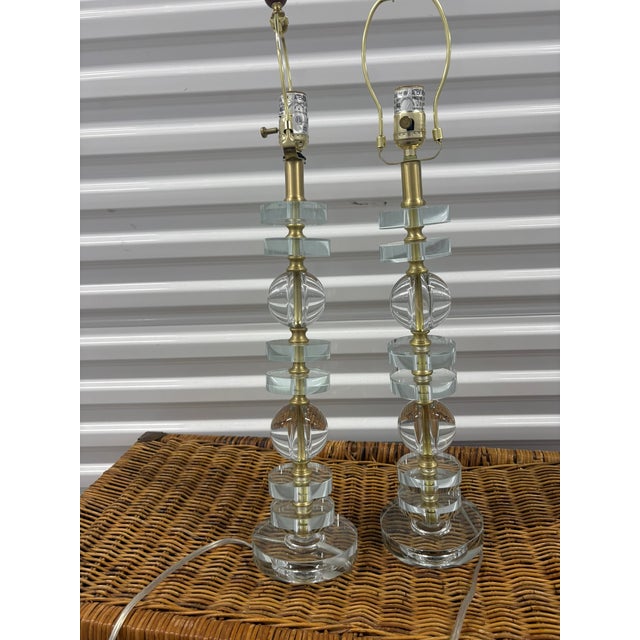 Swedish Style Stacked Crystal Glass and Brass Table Lamps - A Pair For Sale In Miami - Image 6 of 7