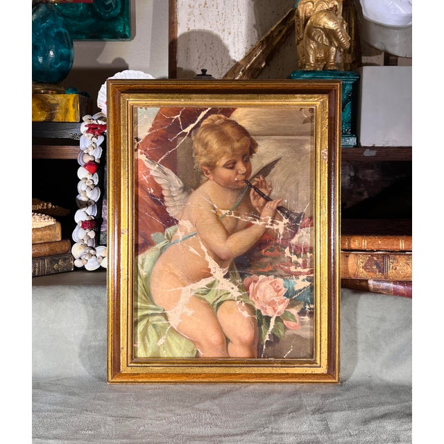 A Beautiful late 19th century, possibly french, oil on canvas cherub Putti painting with distressed surface in parcel gilt...