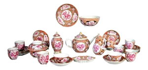 18th Century Chinese Export Coral & Puce Porcelain Tea Service