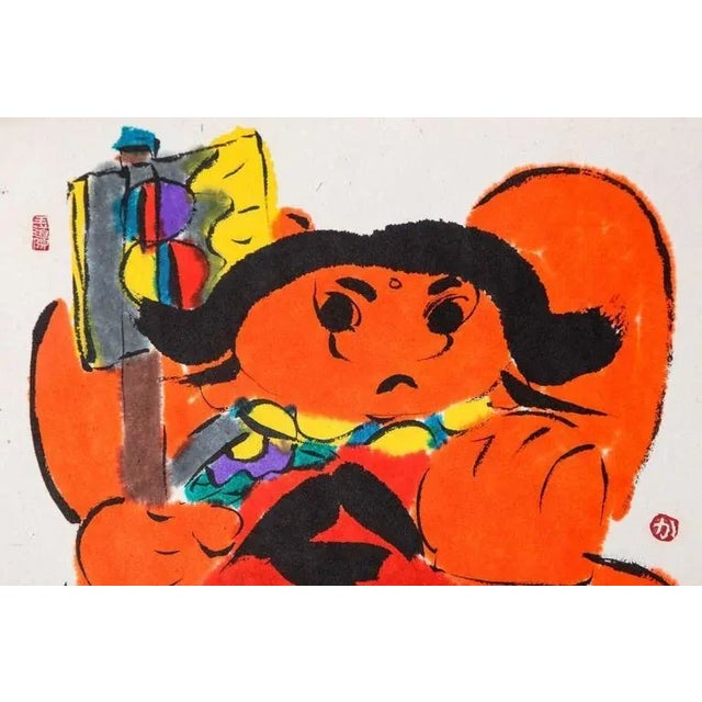 Japanese 1960S "Funky Buddha Warrior" Contemporary, Watercolor, Indican Ink, Rice Paper Painting by Kasuki Sato For Sale - Image 3 of 8