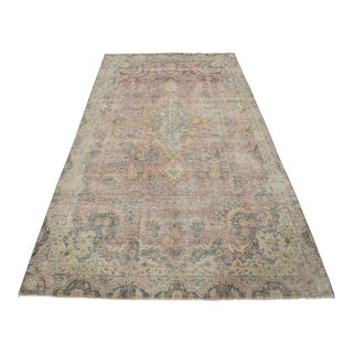 Kerman Rug 6’4” X 10’4” Pink Wool Vintage Distressed Hand-Knotted Carpet For Sale