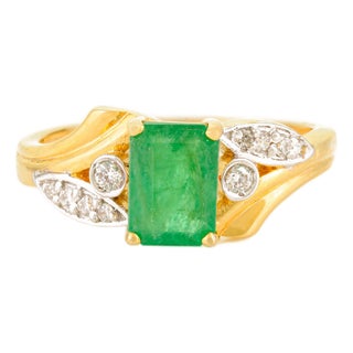 Asian Antique Style Emerald Diamond Ring Size 7 For Sale