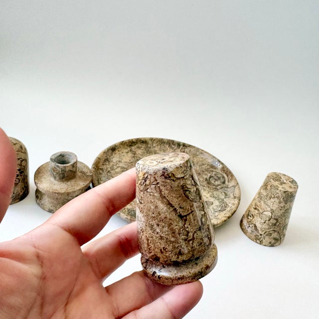 Stone Vintage Fossil Coral Marble Condiment Set With Tray, Salt & Pepper Shakers and Toothpick Holder - Set of 4 For Sale - Image 7 of 12