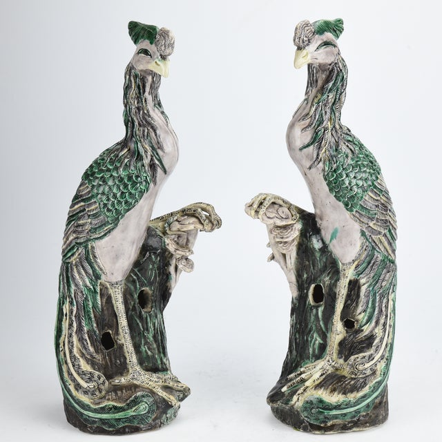 Description - A large and impressive pair of Chinese famille verte porcelain phoenix birds. Nicely detailed with rich...