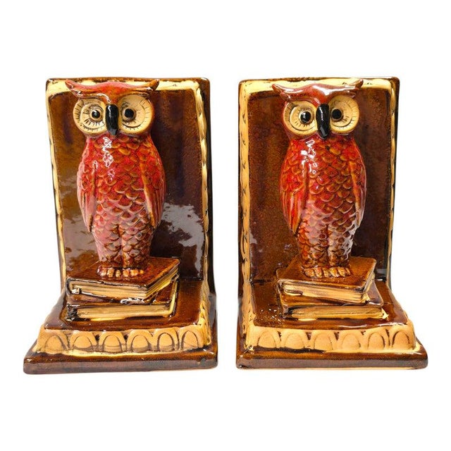 Mid-Century Modern Vintage Ceramic Great Horned Owl Bookends – Red Glaze Sculptural Pair For Sale - Image 3 of 15