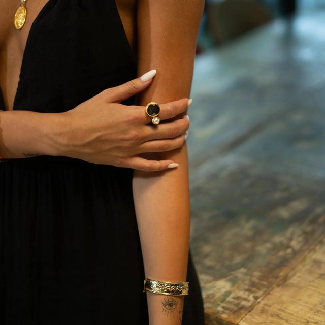 Early 21st Century Mystic Duo Labradorite & Pearl Gold Adjustable Ring, Size 4 For Sale - Image 5 of 9