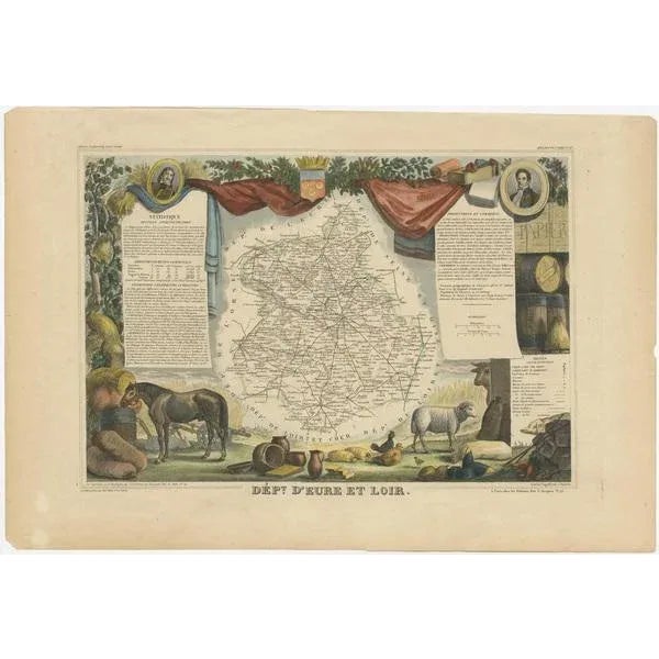 Antique map titled 'Dépt. d'Eure et Loir'. Map of the French department of Eure-et-Loir, France. This area is home to the...