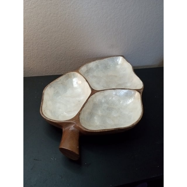 Vintage Monkey Pod Hawaii Capiz Shell Lined Divided Leaf Platter | Chairish