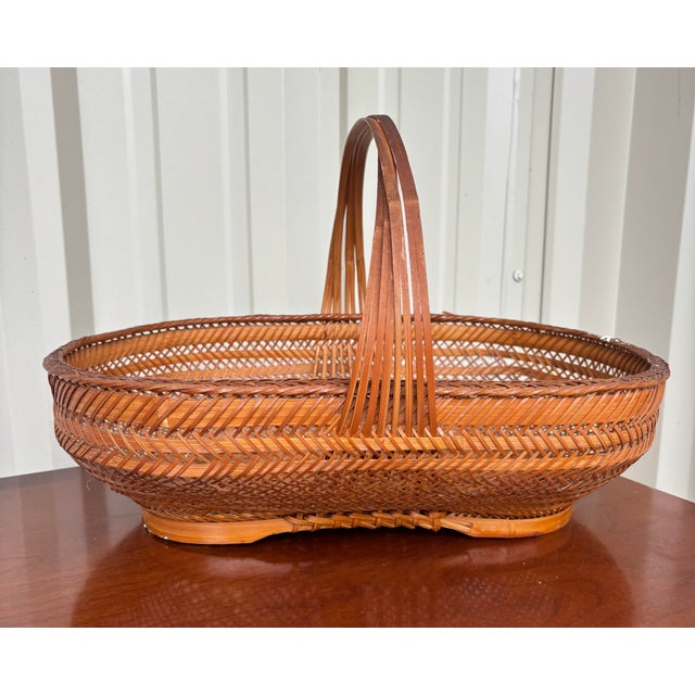 Vintage Hunan Products Handwoven Bamboo Basket With Handle, Made in China, Original Label For Sale - Image 11 of 11