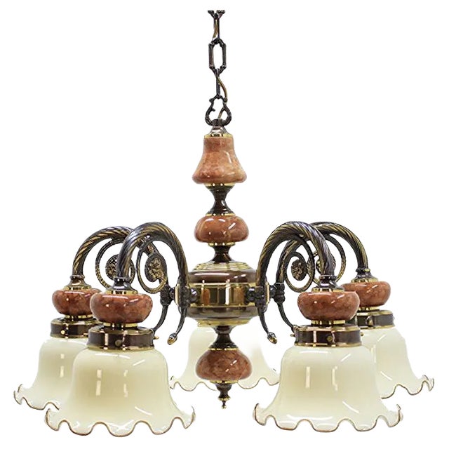 Large 6-Armed Brass Chandelier, 1980s For Sale