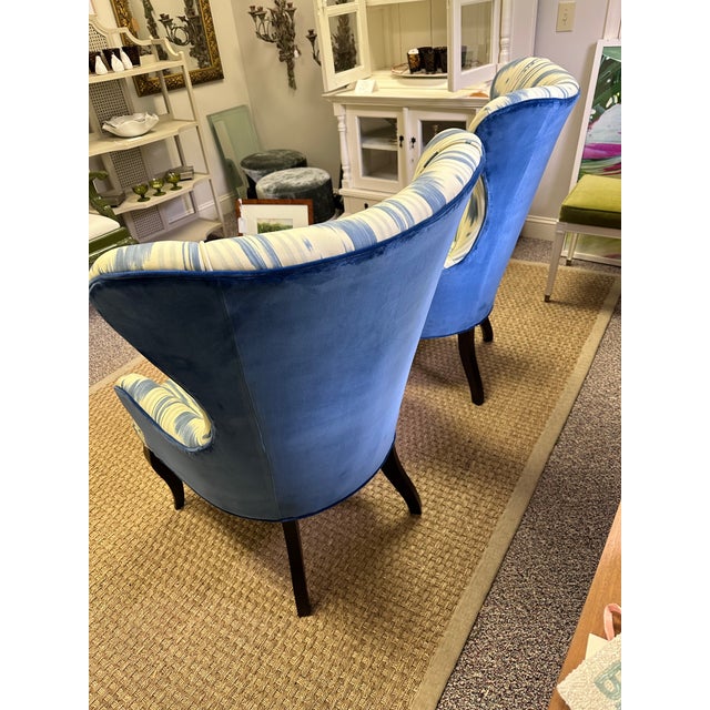 2010s Custom Pair of Wingback Chairs Upholstered in Toile De Nantes & Colefax & Fowler Velvet in Blue & White For Sale - Image 5 of 11