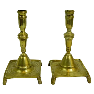 18th Century French Brass Candlesticks With Square Bases - a Pair
