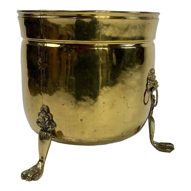 Vintage English Brass Lion Handle Footed Cachepot Planter For Sale