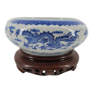 Vintage Chinese Scholar's Water Pot Blue & White Imperial Dragon Motif Qianlong Mark With Carved Wood Stand