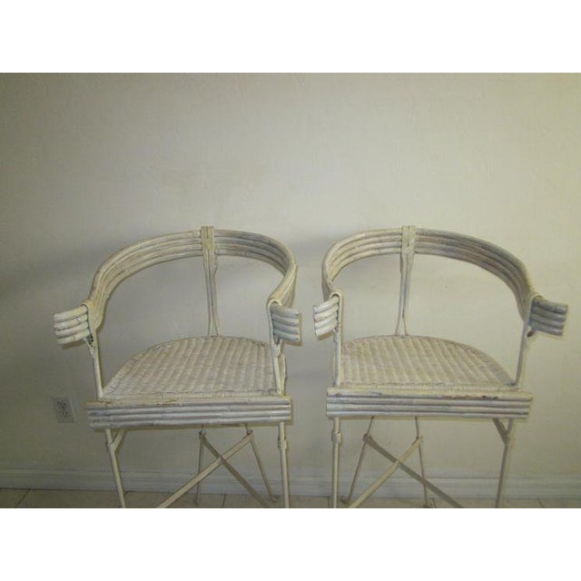 Tan 1990s Tan Coastal Style Metal Faux Bamboo Barstools - Set of Two For Sale - Image 8 of 12