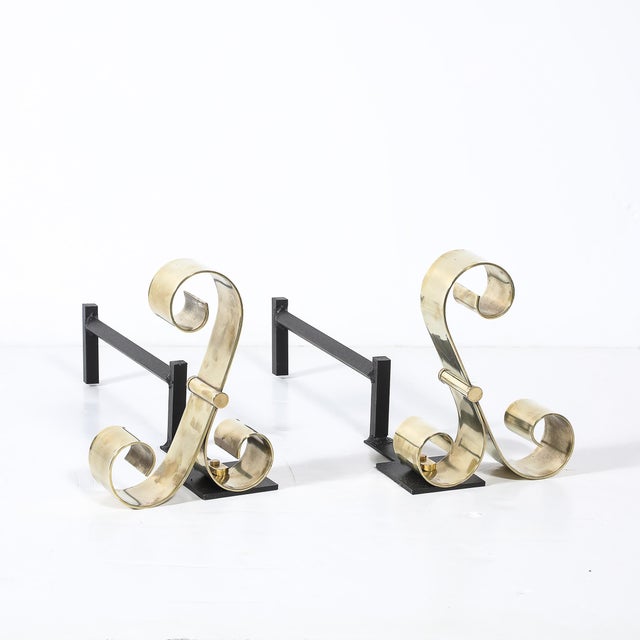 Metal Mid-Century Modernist Scroll Form Andirons in Polished Brass For Sale - Image 7 of 10