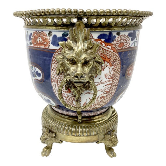 19th C Imari Cache Pot Mounted in Brass W. Lion's Head Handles. For Sale