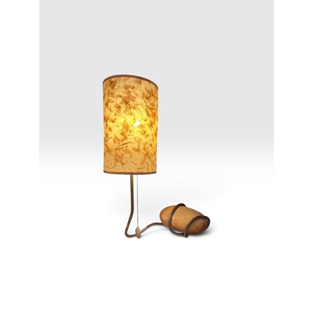Mid-Century Modern Vintage Mid-Century Modern Sculptural Natural Stone & Wrought Iron Table Lamp With Fibrous Shade For Sale - Image 3 of 10