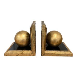 Antique Art Deco-Style Gold Leaf & Black Wooden Bookends- a Pair For Sale