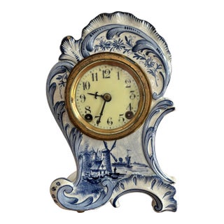 1890s French Rococo Delft Mantle Clock For Sale
