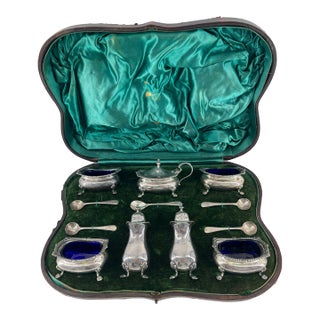 Early 20th Century English Sterling Condiment Set in Fitted Leather Box- 12 Pieces For Sale