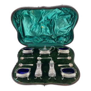 Early 20th Century English Sterling Condiment Set in Fitted Leather Box- 12 Pieces