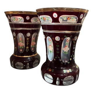 Antique Bohemian Amber Glass Goblets with Hand-Painted Floral Decoration, Set of 2 For Sale