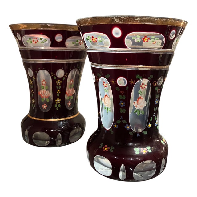 Antique Bohemian Amber Glass Goblets with Hand-Painted Floral Decoration, Set of 2 For Sale