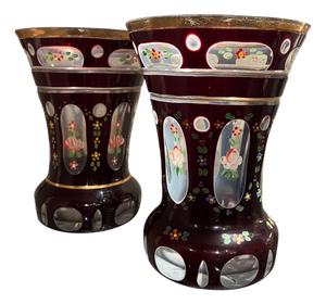 Antique Bohemian Amber Glass Goblets with Hand-Painted Floral Decoration, Set of 2
