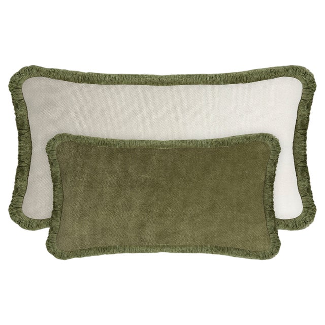 Couple Happy Pillow in Green and White Velvet with Fringes from Lo Decor, Set of 2 For Sale