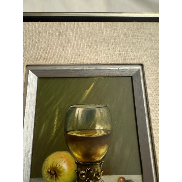 Dorothy Roe Brown Oil Painting on Board – Framed Still Life of Wine Bottle & Apple For Sale - Image 4 of 10